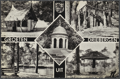 130558 Vijfluik met gezichten te Driebergen-Rijsenburg:-het Indische Huisje;-de Koepel in het Willinkspark;-de ...